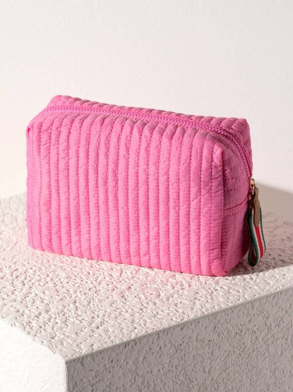 SHIRALEAH EZRA QUILTED NYLON LARGE BOXY COSMETIC POUCH, PINK