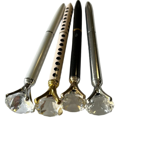Diamond ring pens.  Diamond stone in acting setting on top of a pen. Makes a great and creative engagement gift, bridal shower, wedding book pen ….