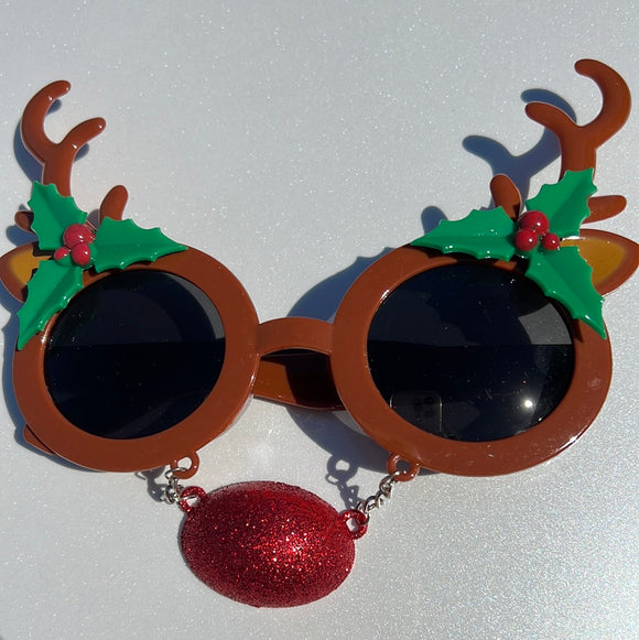 Reindeer plastic glasses with dangling glitter red nose